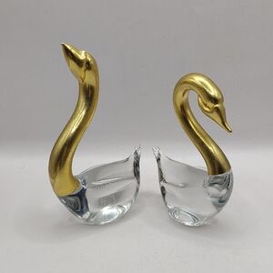 Vintage Set of 2 Hand Blown Clear Art Glass & Brass Swan Sculptures Figurines